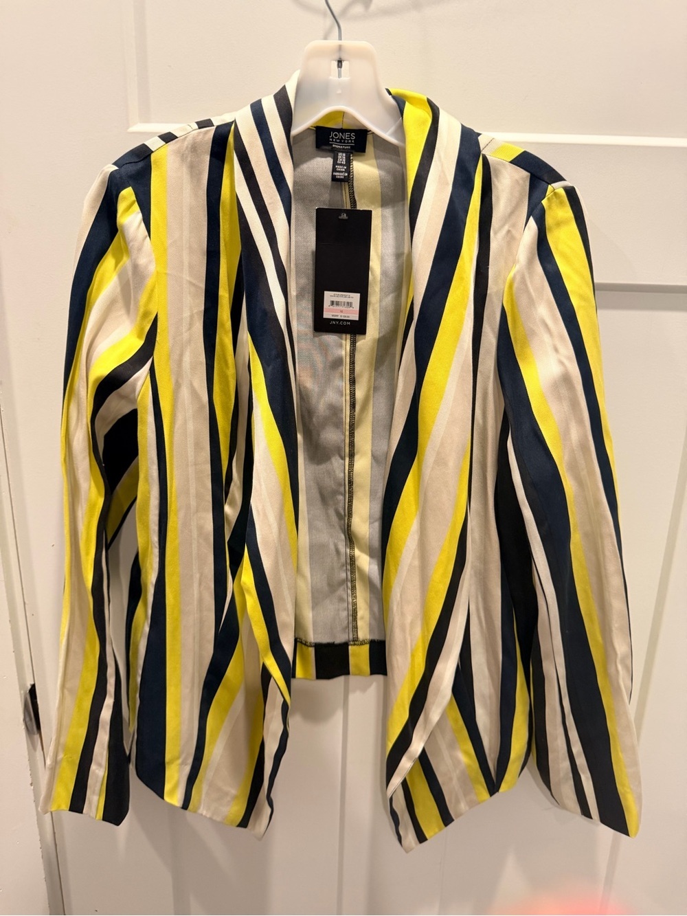 NWT Jones New York Signature Striped Open Front Blazer 10 Navy Ivory Lime Jacket